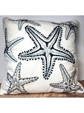 Starfish Embroidered Throw Pillow 19" x 19" Coastal Decor White & Blue